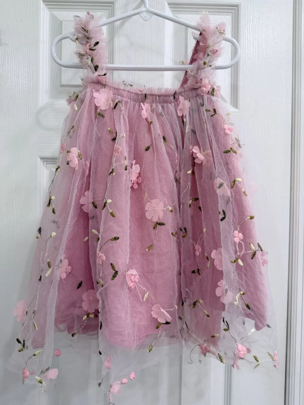 Pink Floral Embroidered Tulle Dress Girls Toddler Fairy Princess Cottagecore